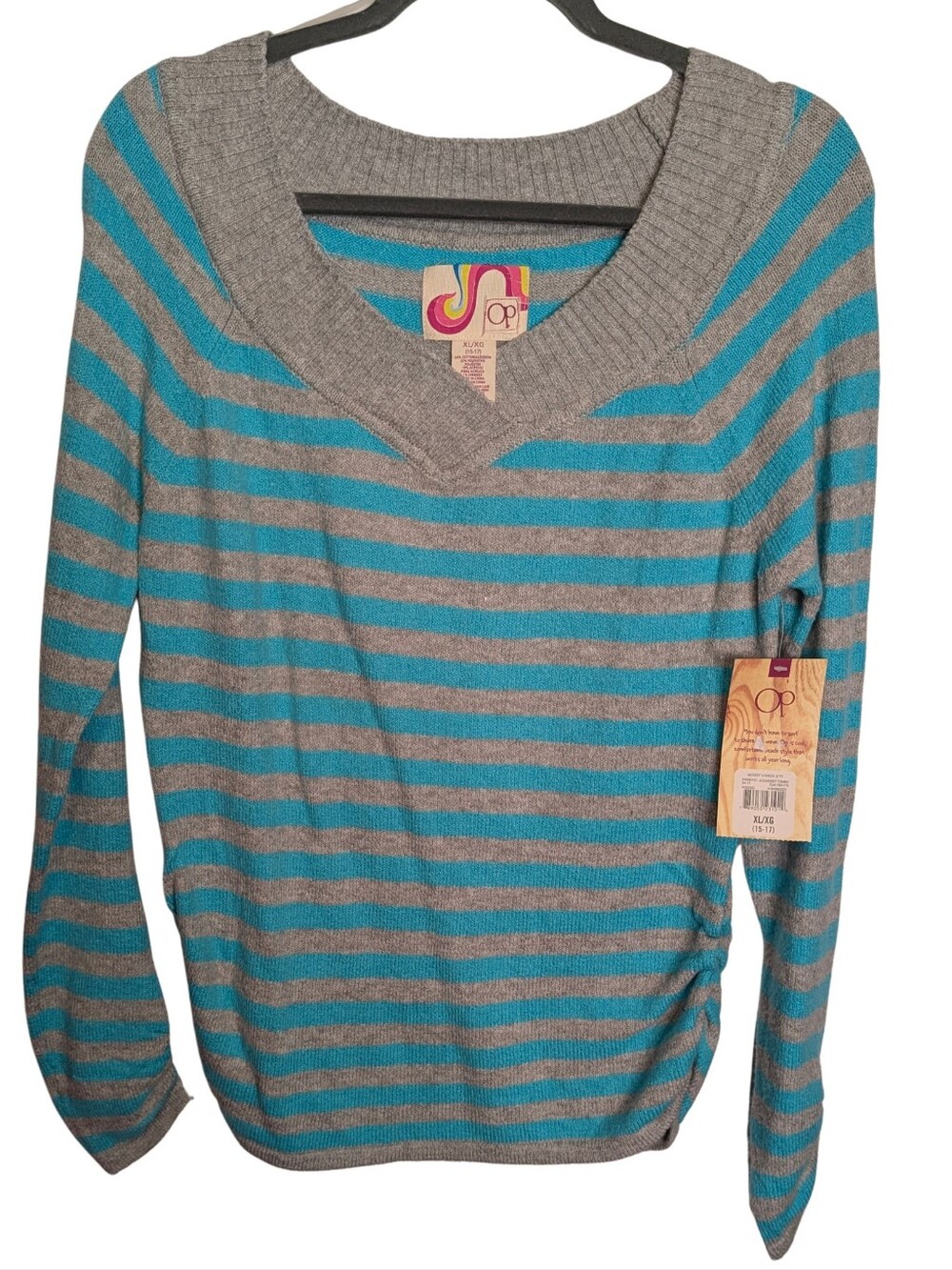OP Junior Striped V-Neck Sweater With Rouching. Jr.Size XL.